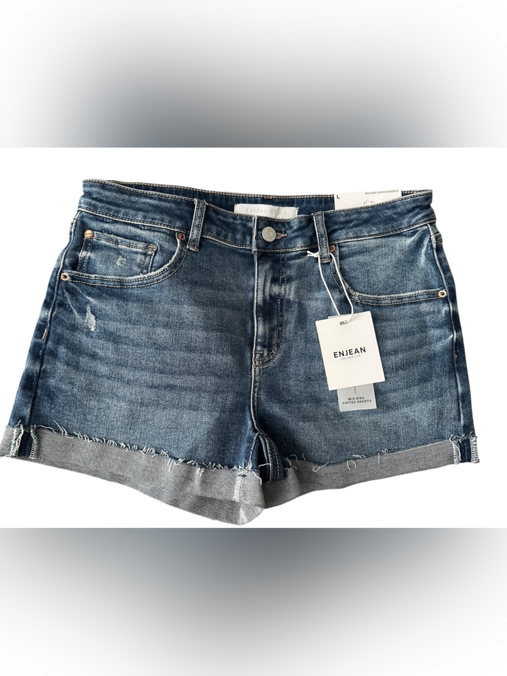 ENJEAN Los Angeles Women's Mid Rise Cotton Cuffed Denim Shorts - Size L 31”-35”